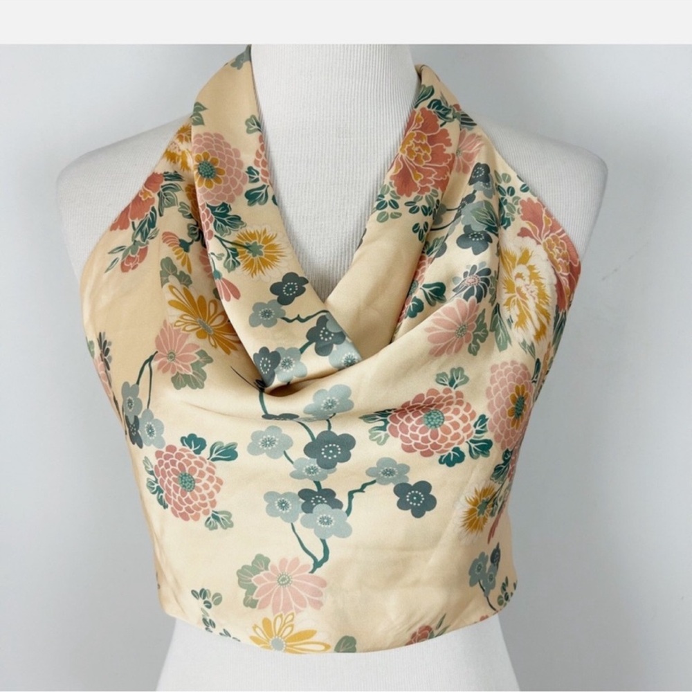 ZARA Satin Floral Halter Top Cowl Neck Tie Back Size M